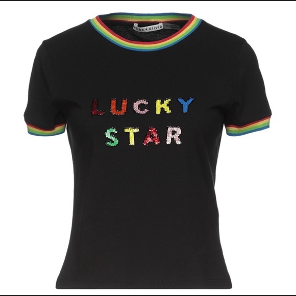 Alice + Olivia Rainbow Sequined LUCKY STAR T-Shirt - XS - NWT - Black/Multi - Picture 2 of 9